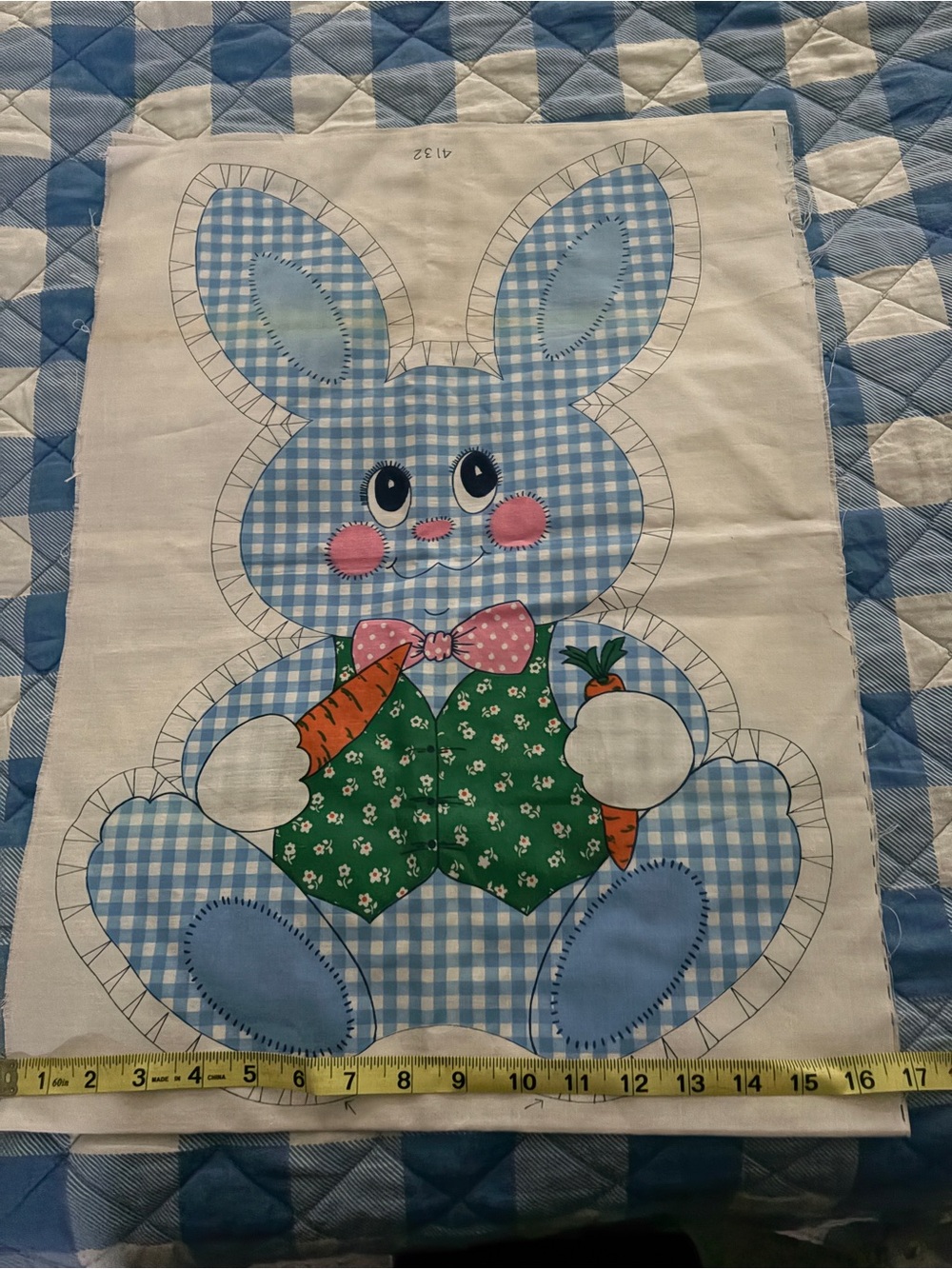 Vintage Blue Gingham Bunny Cut n Sew Fabric Panel with Green Vest